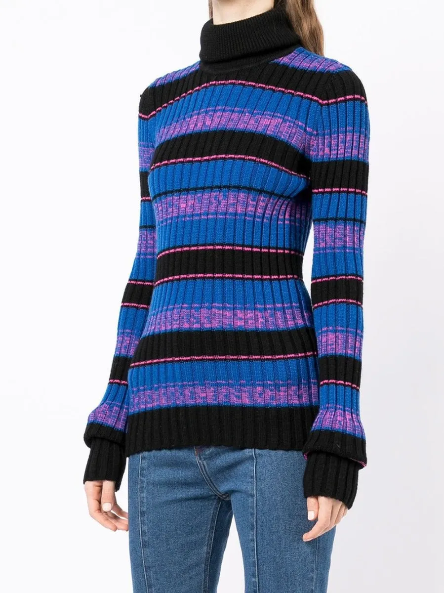 Striped Turtleneck Ribbed Knit Jumper