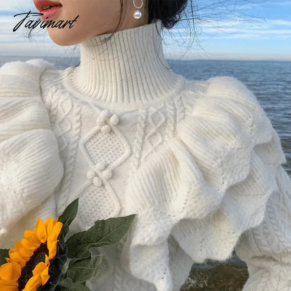 Tavimart Turtleneck Knit Sweater Women Princess Style Thick Loose Pullover  New Autumn Winter Fashion Versatile Knit Top