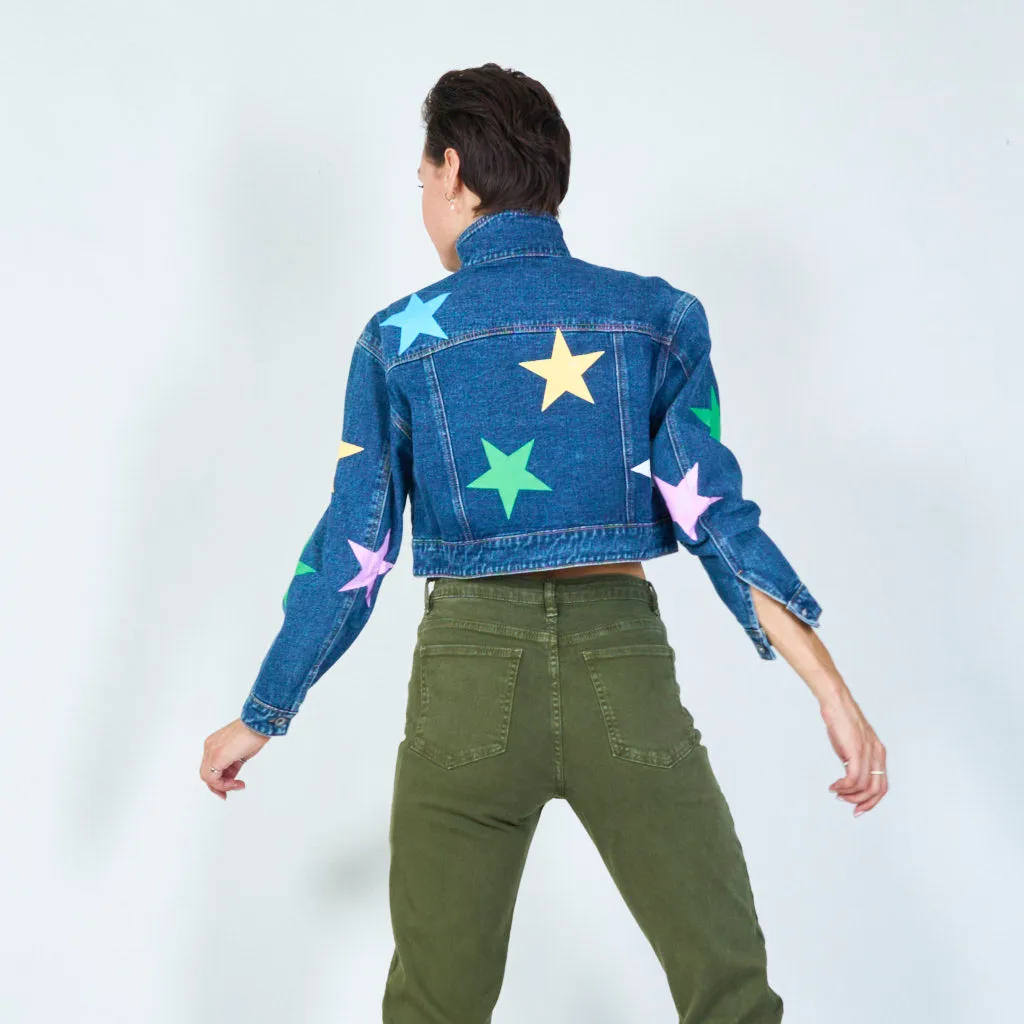 Trendy denim jacket with colorful star print wholesale