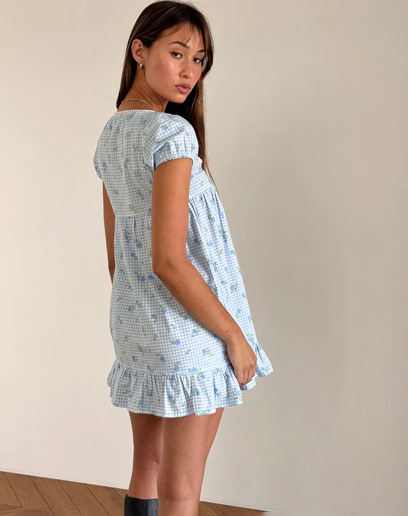 Trim Mini Dress in Blue Flower Gingham