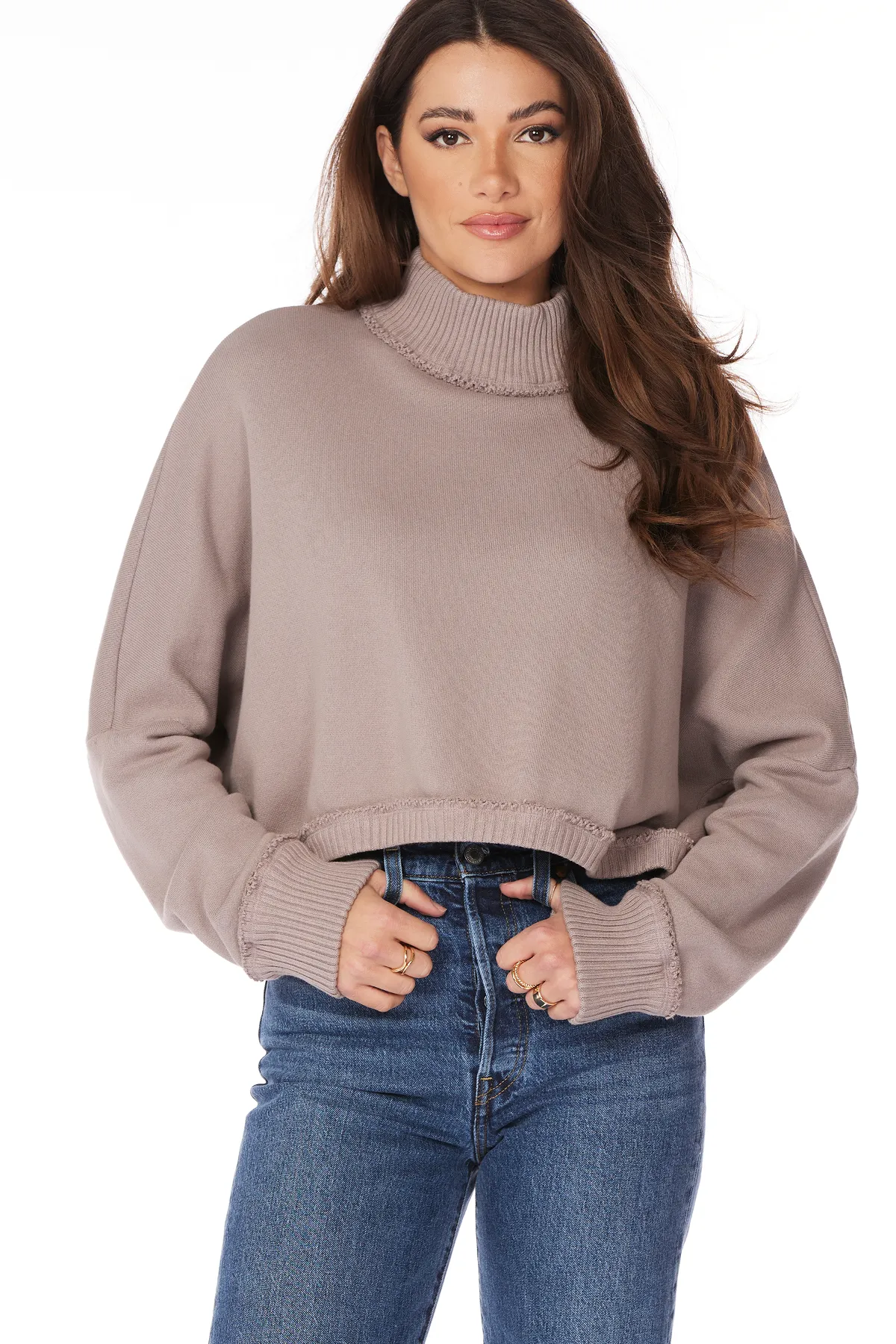 Turtleneck Drop Shoulder Mixed Top