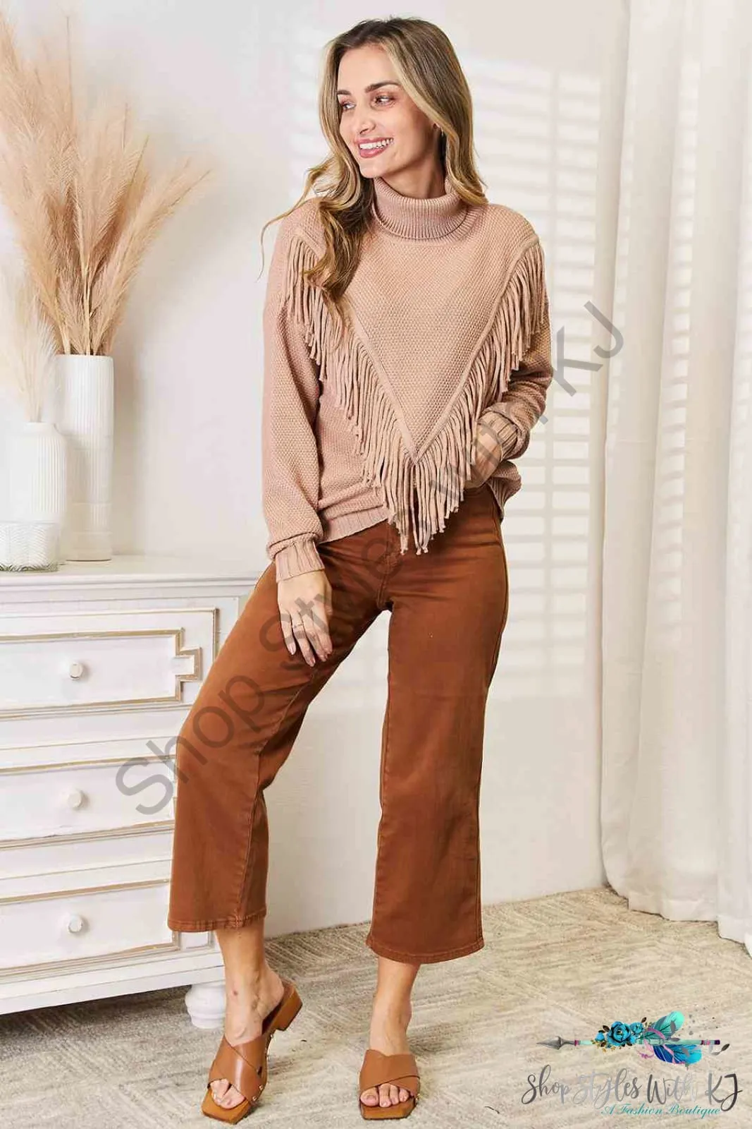 Turtleneck Fringe Front Long Sleeve Sweater