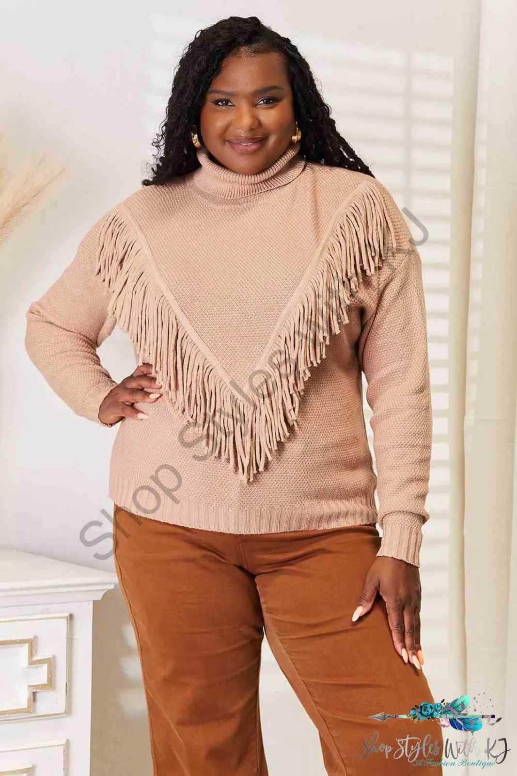 Turtleneck Fringe Front Long Sleeve Sweater