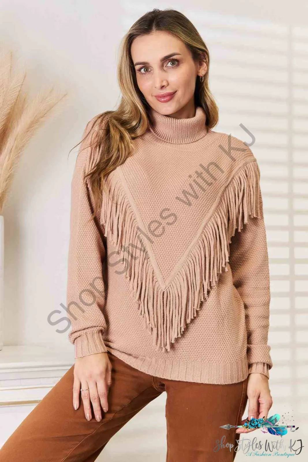 Turtleneck Fringe Front Long Sleeve Sweater