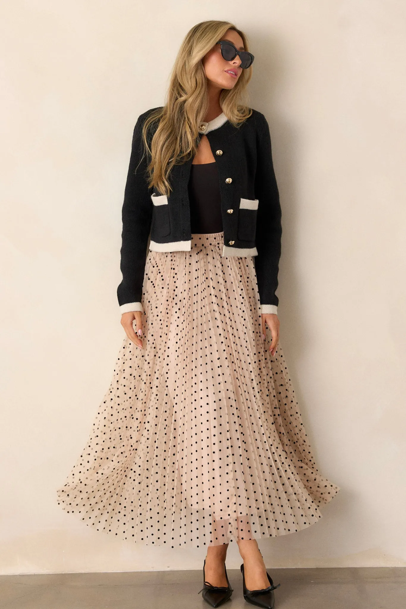 Vintage Wave Beige Tulle Polka Dot Maxi Skirt