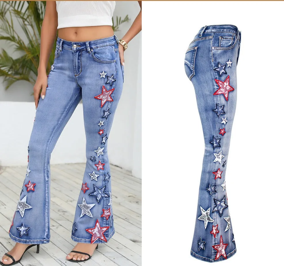 Wide-Leg Denim Bell-Bottom Pants