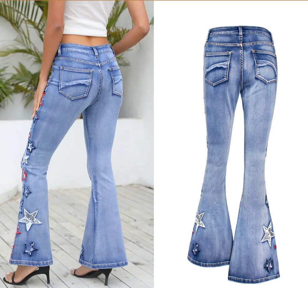 Wide-Leg Denim Bell-Bottom Pants