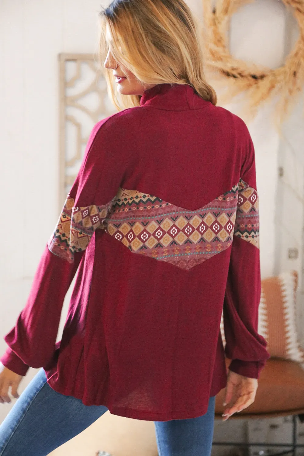 Wine Hacci Tribal Print Chevron Turtleneck