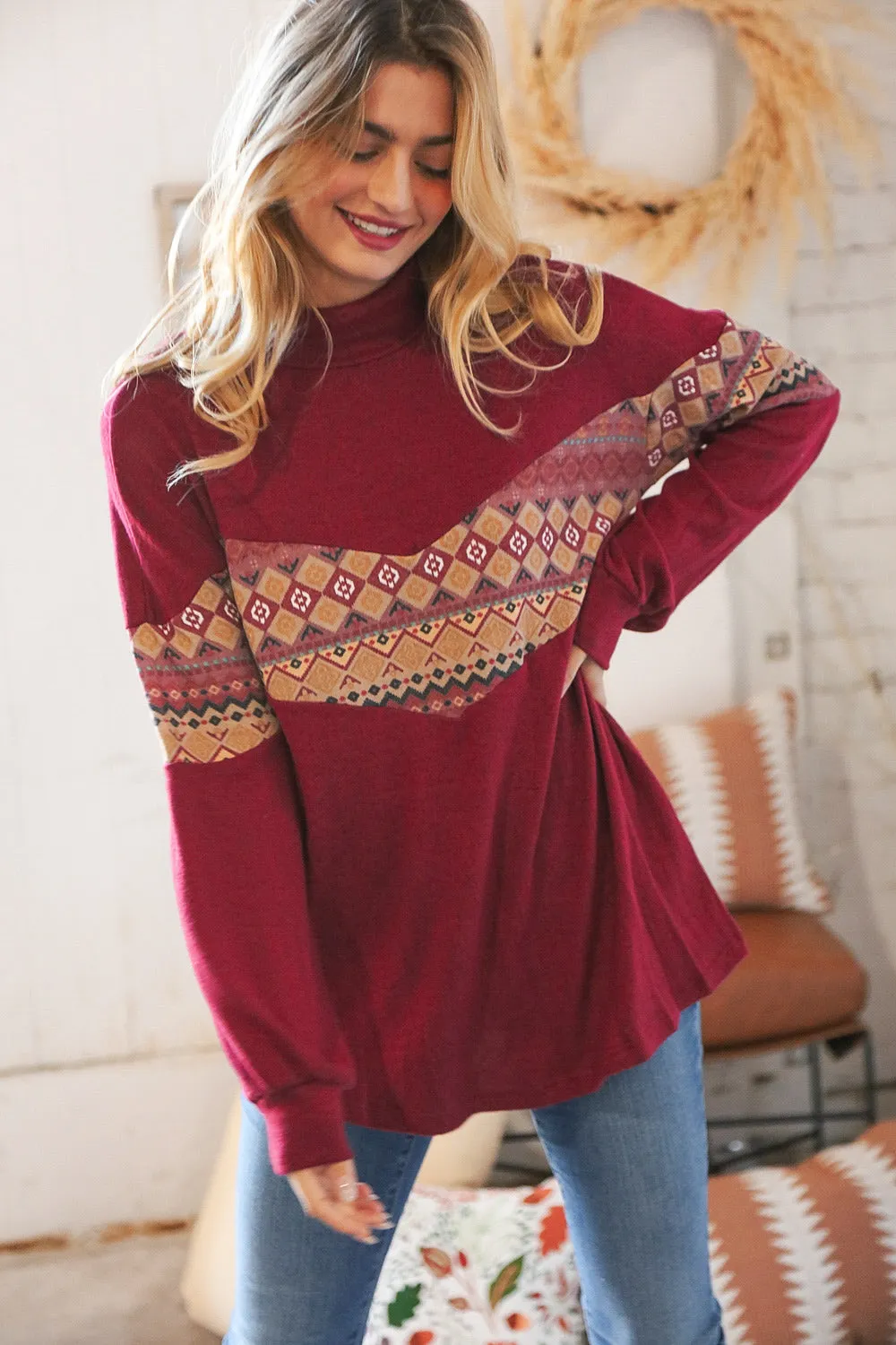 Wine Hacci Tribal Print Chevron Turtleneck