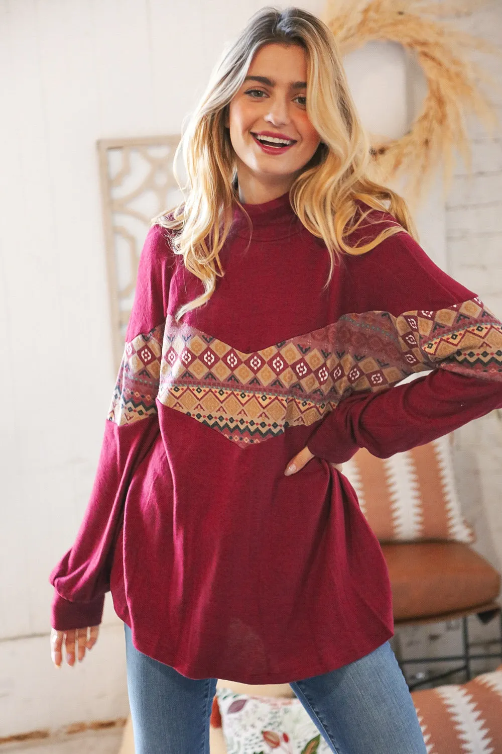 Wine Hacci Tribal Print Chevron Turtleneck