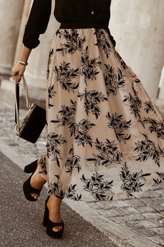 Women Leaves Embroidered High Waist Maxi Skirt