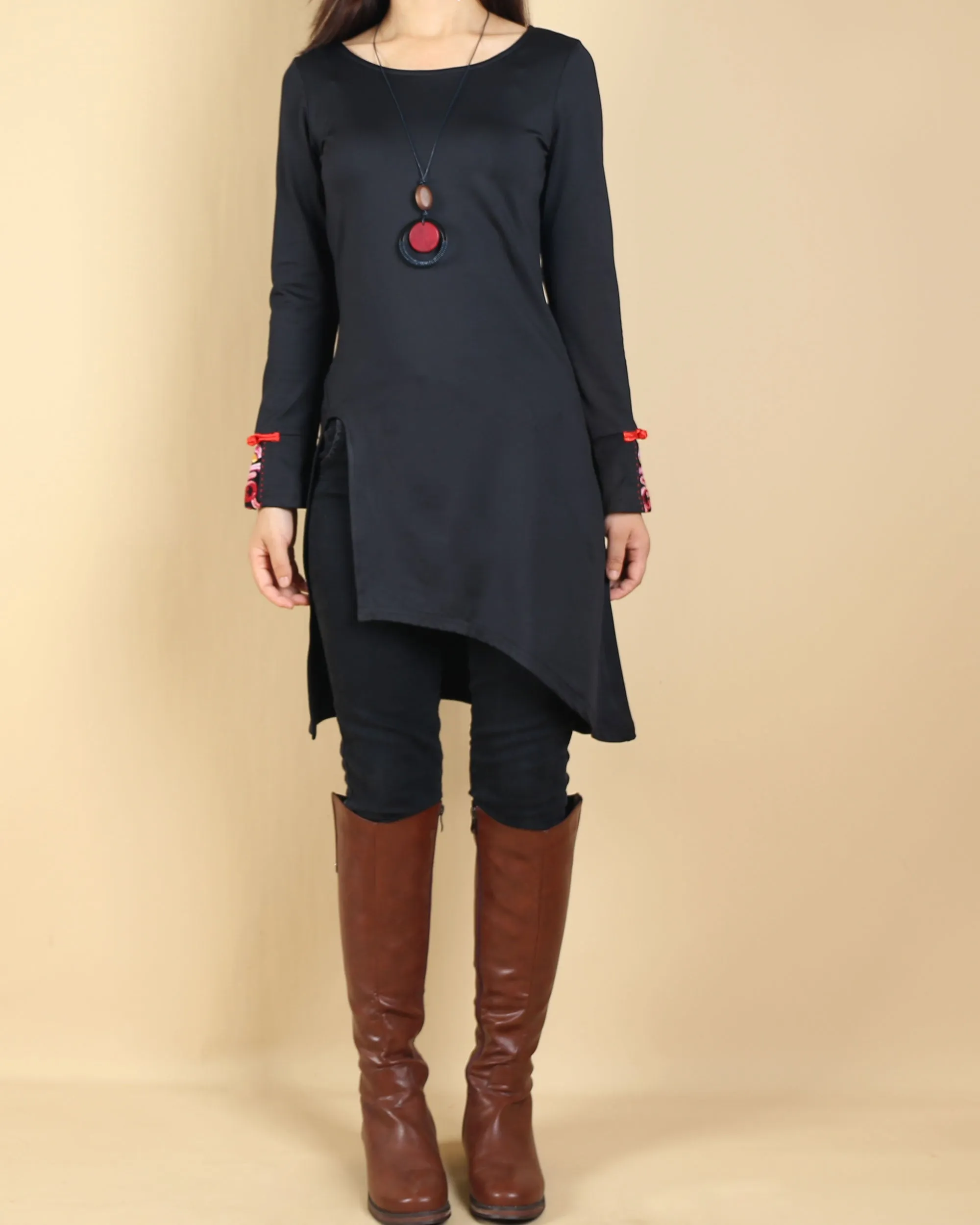 Women's Long Sleeve t-shirt/Asymmetrical Cotton tunic dress/black tunic Top/embroidered dress(Y1508)