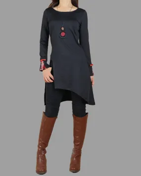 Women's Long Sleeve t-shirt/Asymmetrical Cotton tunic dress/black tunic Top/embroidered dress(Y1508)