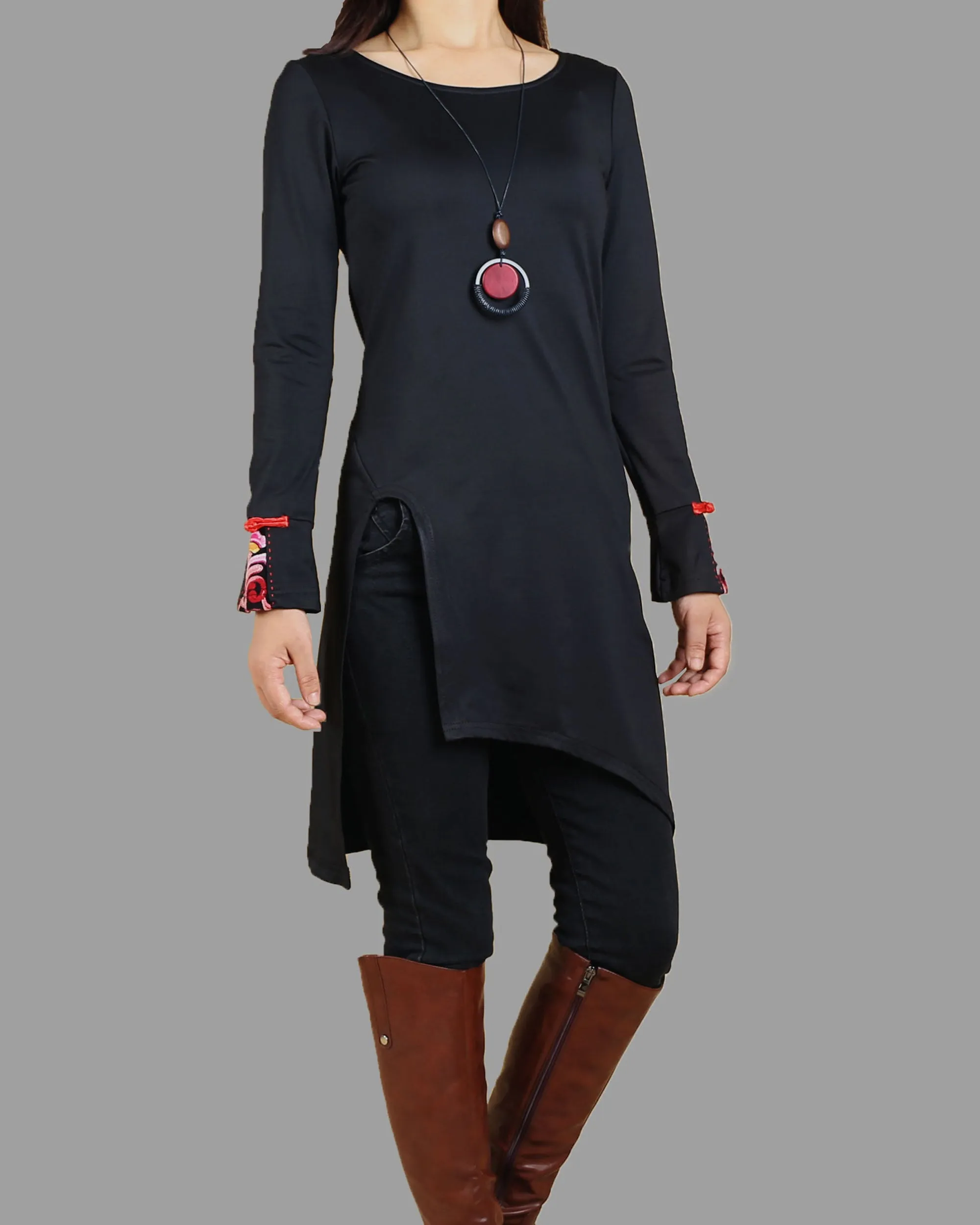 Women's Long Sleeve t-shirt/Asymmetrical Cotton tunic dress/black tunic Top/embroidered dress(Y1508)