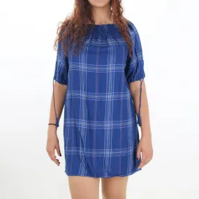 Women's Off Shoulder Plaid Shift Dress,Navy