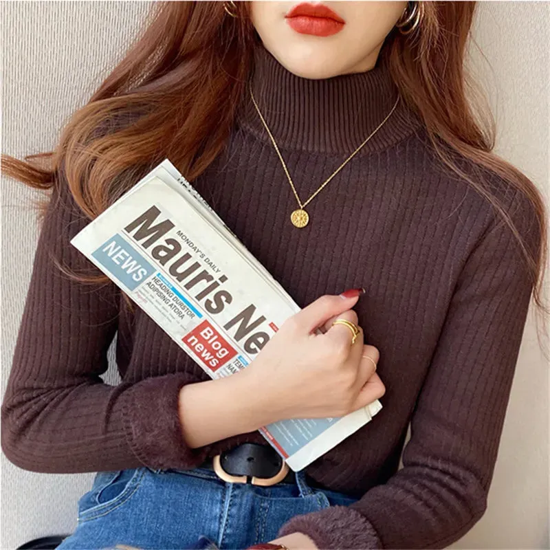 Women's Turtleneck Sweater Winter Retro Red with Velvet Lining Thickened Inner Wear Thermal Knitting Bottoming Shirt