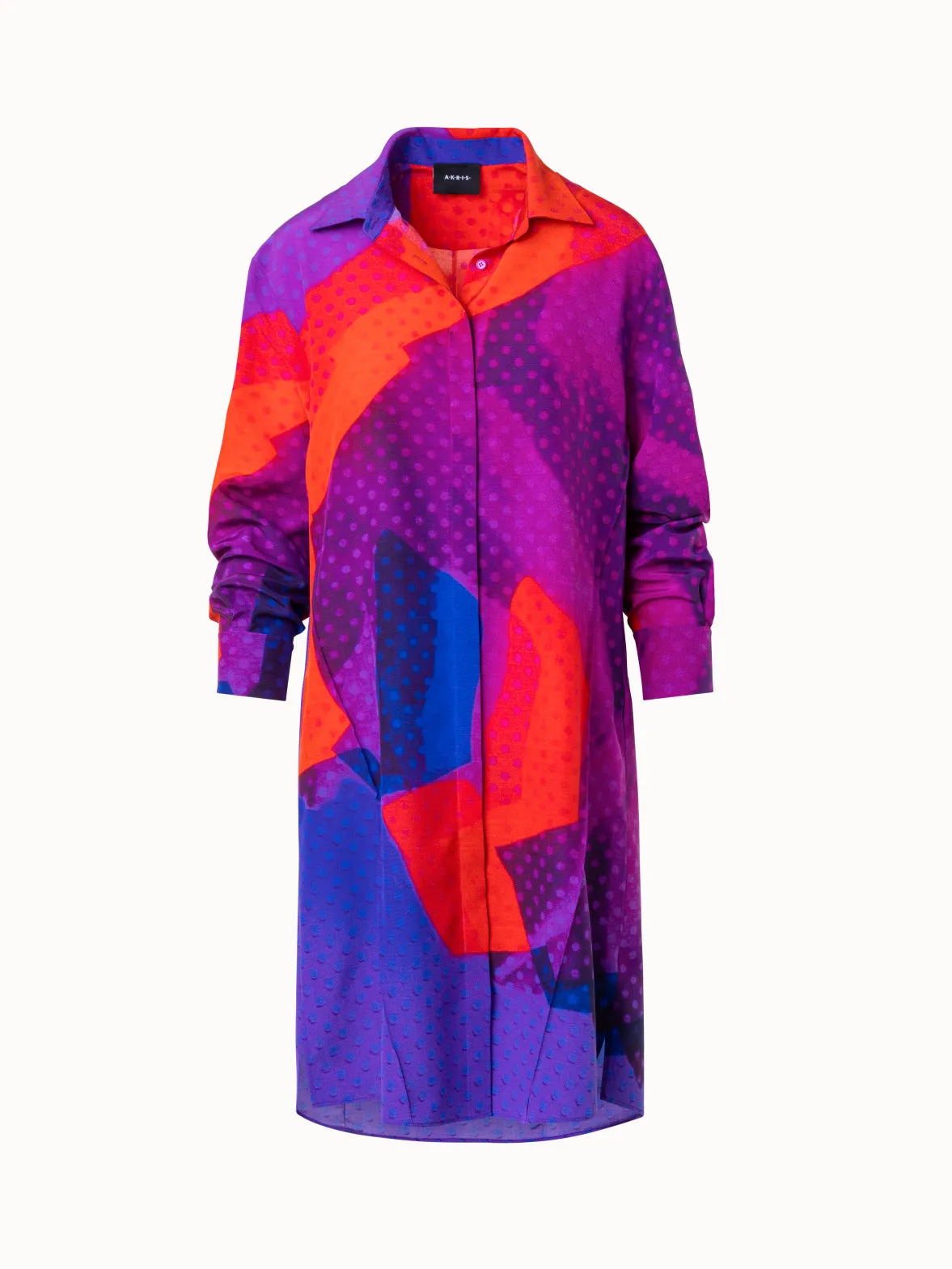 Wool Silk Oversized Shirt Dress with Superimposition Print