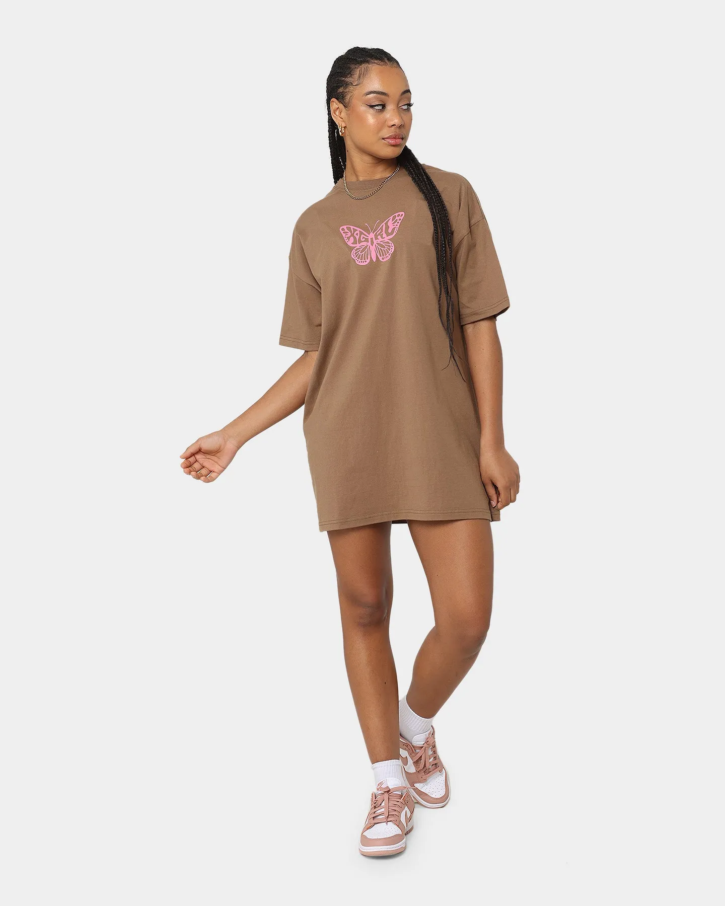 X-Girl Women's Butterfly Oversized Tee Dress Brown