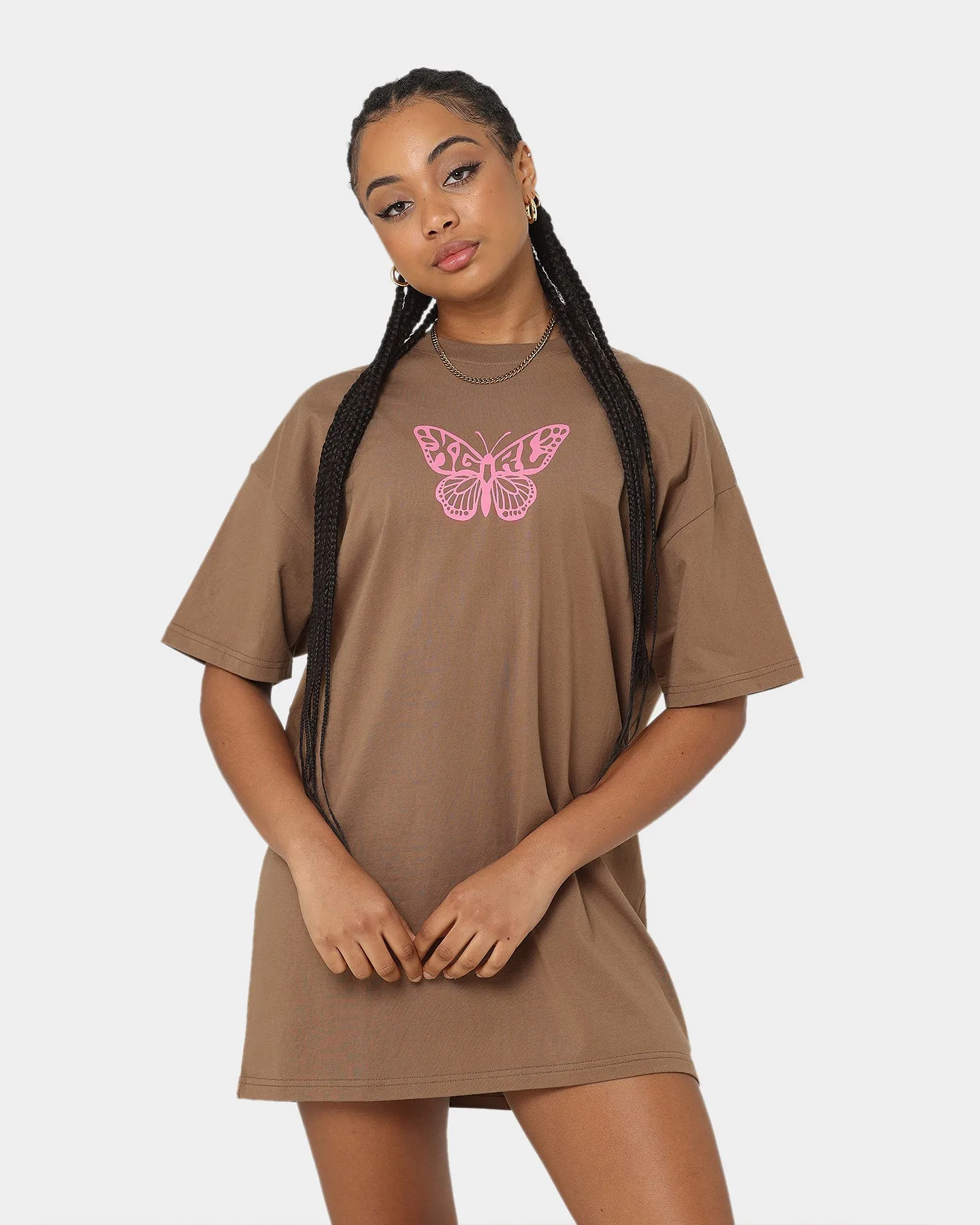 X-Girl Women's Butterfly Oversized Tee Dress Brown