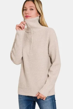 Zenana Sweater Women Half Zip Turtleneck Long Sleeve Basic Mocha Pullover